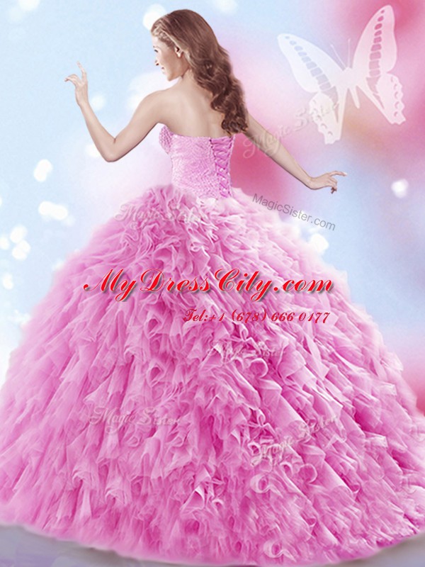 Sweetheart Sleeveless 15th Birthday Dress Brush Train Beading and Ruffles Rose Pink Tulle
