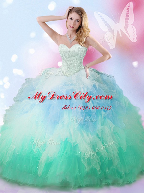 Floor Length Multi-color Quinceanera Dresses Tulle Sleeveless Beading and Ruffles