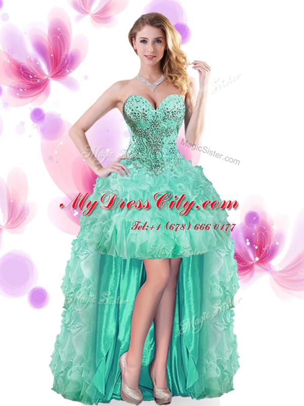 Exquisite Sleeveless Organza High Low Lace Up Celebrity Dress in Turquoise with Beading and Ruffles