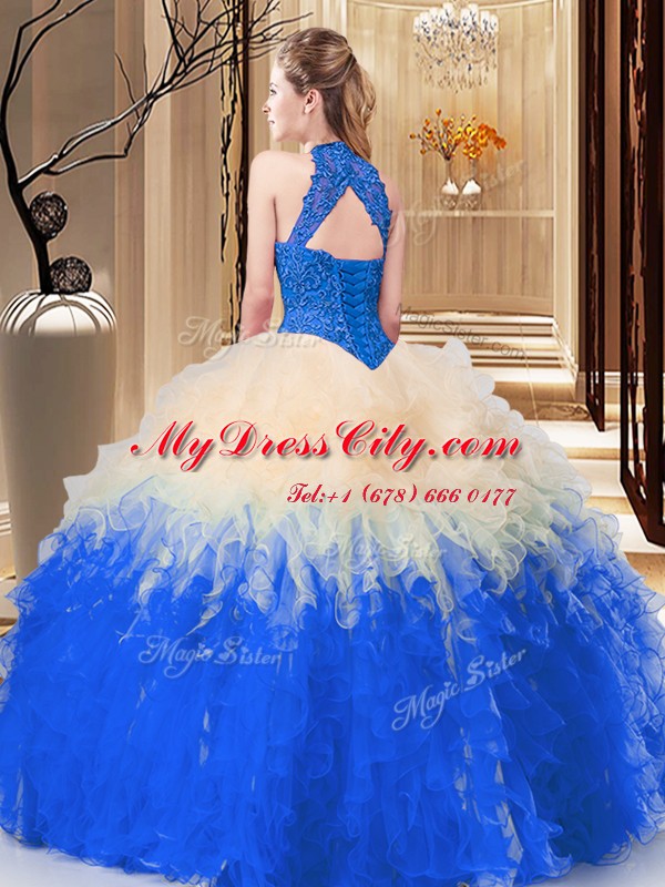 Organza High-neck Sleeveless Backless Lace and Appliques and Ruffles Quinceanera Gowns in Multi-color