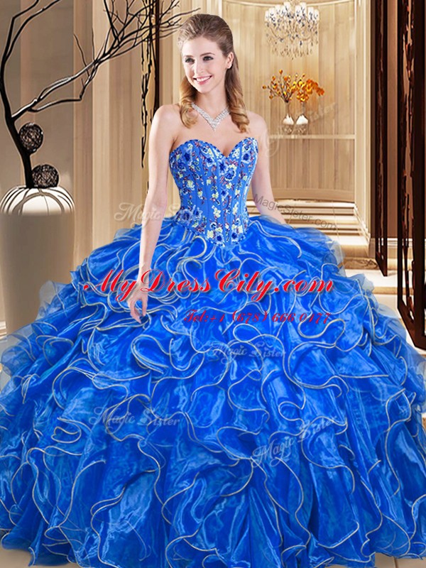 Royal Blue Sleeveless Organza Lace Up Quinceanera Gowns for Military Ball and Sweet 16 and Quinceanera