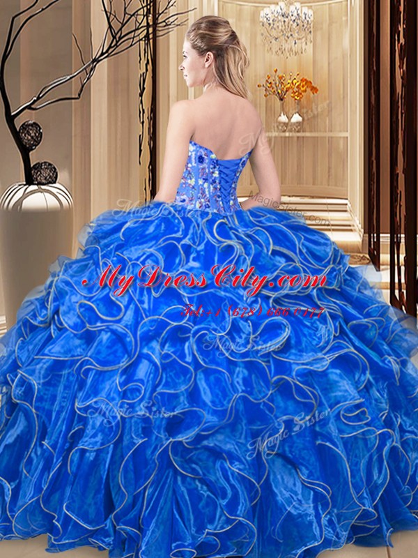 Royal Blue Sleeveless Organza Lace Up Quinceanera Gowns for Military Ball and Sweet 16 and Quinceanera