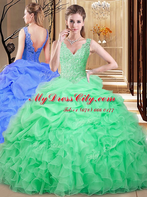 Floor Length Backless Ball Gown Prom Dress Apple Green for Military Ball and Sweet 16 and Quinceanera with Lace and Appliques and Pick Ups
