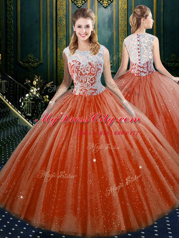 Top Selling Orange Red High-neck Neckline Lace Sweet 16 Dresses Sleeveless Zipper