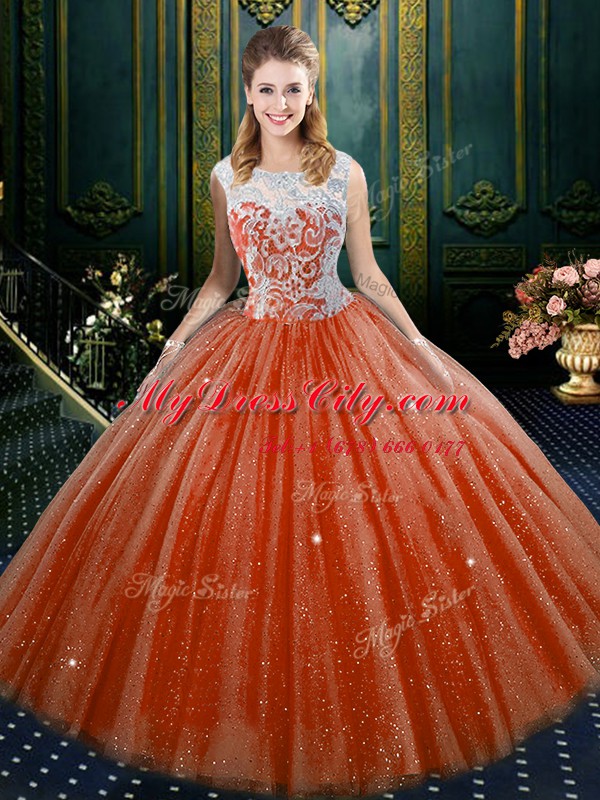 Top Selling Orange Red High-neck Neckline Lace Sweet 16 Dresses Sleeveless Zipper