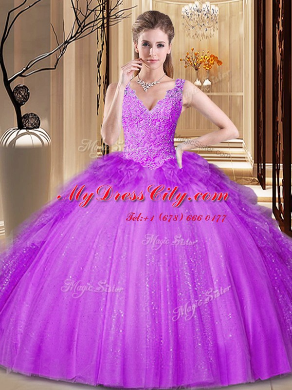 Fantastic Sequins Purple Sleeveless Tulle and Sequined Backless Sweet 16 Dress for Military Ball and Sweet 16 and Quinceanera