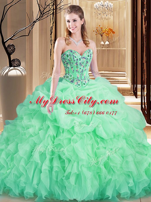 Fashionable Embroidery and Ruffles Quinceanera Gown Apple Green Lace Up Sleeveless Brush Train