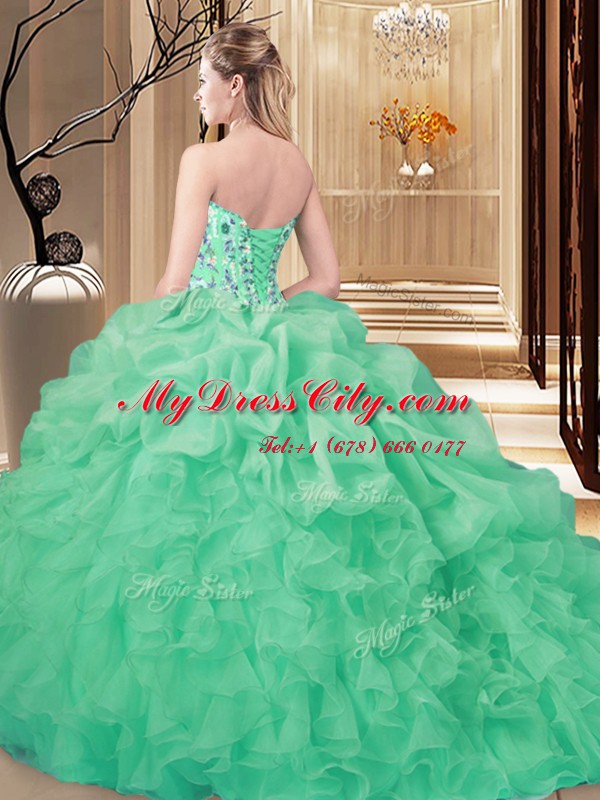 Fashionable Embroidery and Ruffles Quinceanera Gown Apple Green Lace Up Sleeveless Brush Train