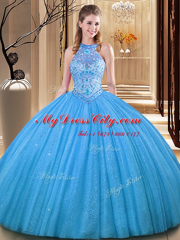 Floor Length Backless 15 Quinceanera Dress Baby Blue for Military Ball and Sweet 16 and Quinceanera with Embroidery