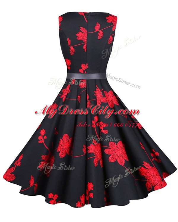 Top Selling Scoop Red And Black Zipper Homecoming Dress Sashes ribbons and Pattern Sleeveless Knee Length
