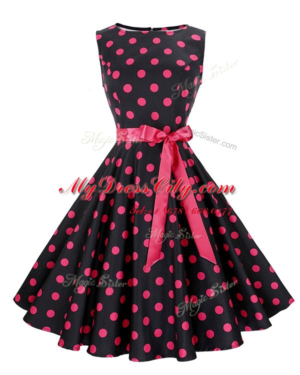 Scoop Red And Black Chiffon Zipper Prom Dresses Sleeveless Knee Length Sashes ribbons and Pattern