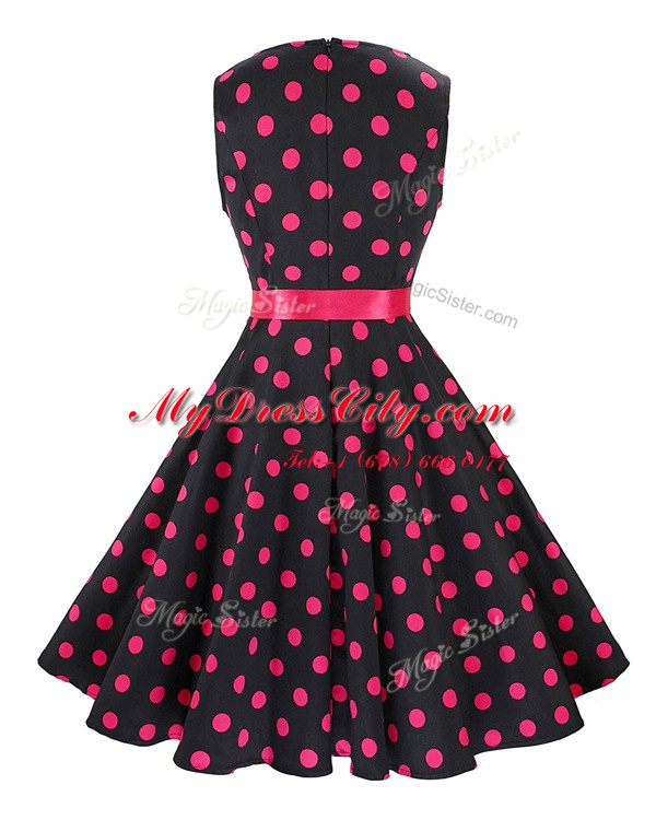 Scoop Red And Black Chiffon Zipper Prom Dresses Sleeveless Knee Length Sashes ribbons and Pattern