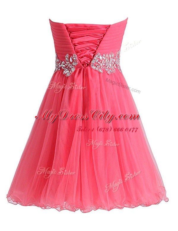 Cute Sleeveless Chiffon Knee Length Lace Up in Rose Pink with Beading and Ruching