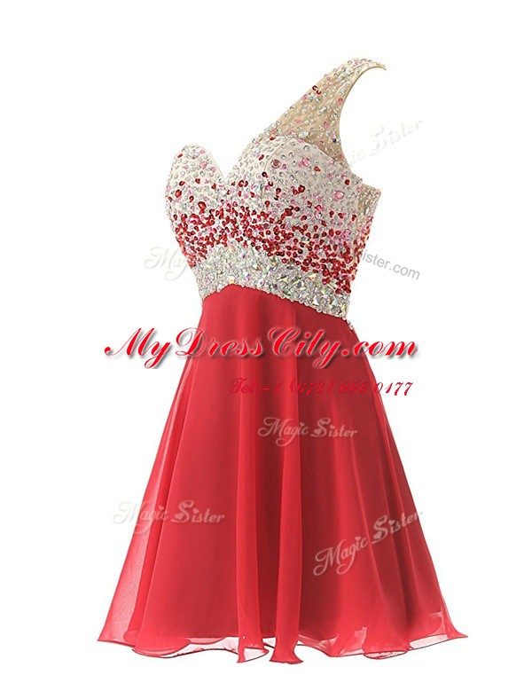 Delicate One Shoulder Sleeveless Prom Gown Knee Length Beading Red Chiffon