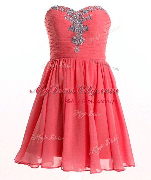 Sleeveless Chiffon Mini Length Lace Up Prom Evening Gown in Watermelon Red with Beading