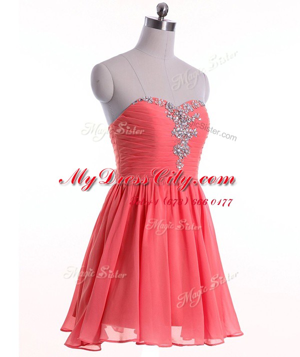Sleeveless Chiffon Mini Length Lace Up Prom Evening Gown in Watermelon Red with Beading