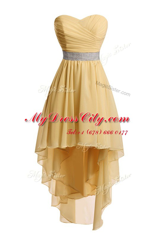 High Low Gold Prom Party Dress Organza Sleeveless Belt