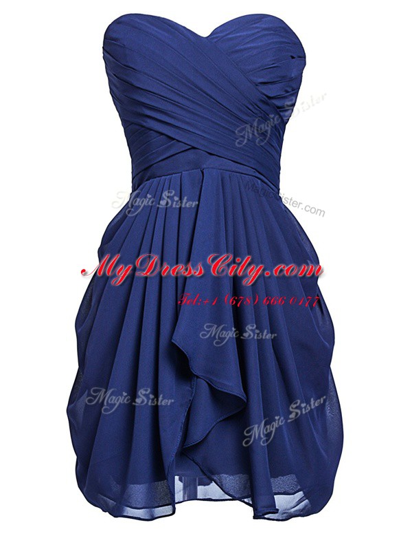 Deluxe Ruching Prom Party Dress Navy Blue Lace Up Sleeveless Knee Length