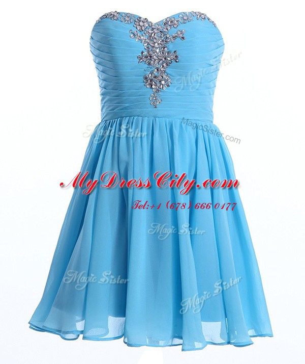 Baby Blue Chiffon Lace Up Sweetheart Sleeveless Mini Length Prom Evening Gown Beading