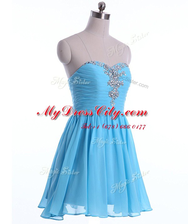Baby Blue Chiffon Lace Up Sweetheart Sleeveless Mini Length Prom Evening Gown Beading