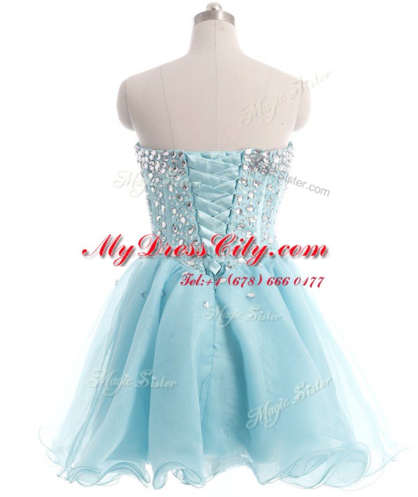 Cute Baby Blue Lace Up Prom Dress Beading Sleeveless Mini Length
