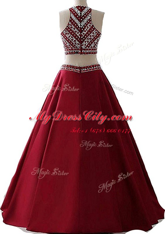 Chiffon Scoop Sleeveless Zipper Beading Prom Gown in Wine Red