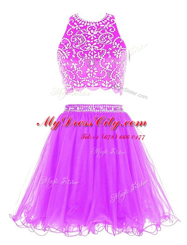 Comfortable Purple Scoop Clasp Handle Beading Prom Gown Sleeveless
