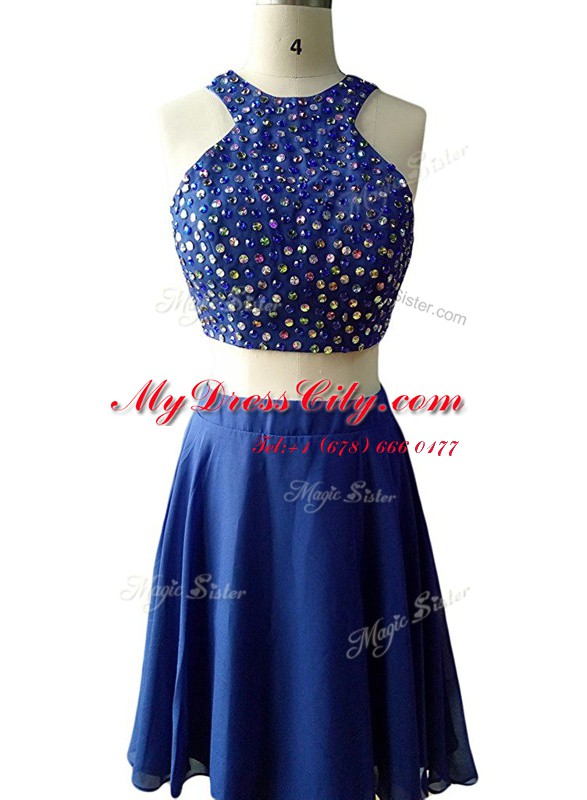Custom Made Scoop Beading Womens Party Dresses Blue Zipper Sleeveless Knee Length