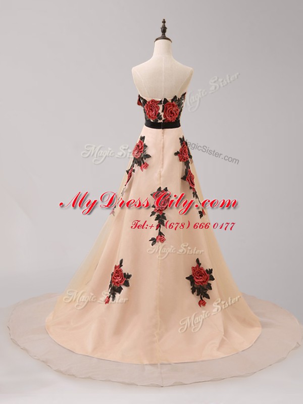 Deluxe Champagne A-line Belt and Hand Made Flower Prom Gown Zipper Tulle Sleeveless