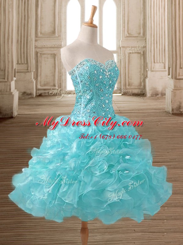 Beauteous Beading and Ruffles Prom Evening Gown Aqua Blue Lace Up Sleeveless Mini Length