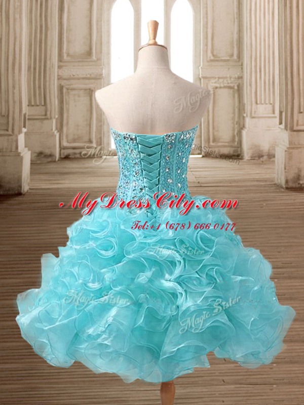 Beauteous Beading and Ruffles Prom Evening Gown Aqua Blue Lace Up Sleeveless Mini Length