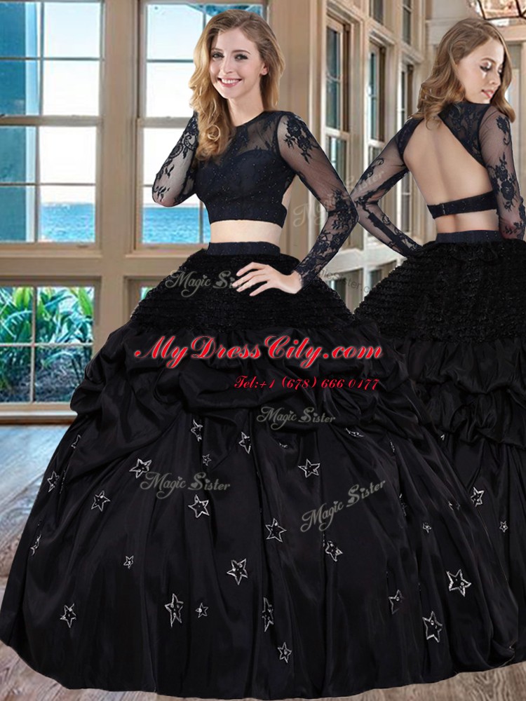 Black Two Pieces Scoop Long Sleeves Taffeta Floor Length Backless Embroidery Sweet 16 Dresses