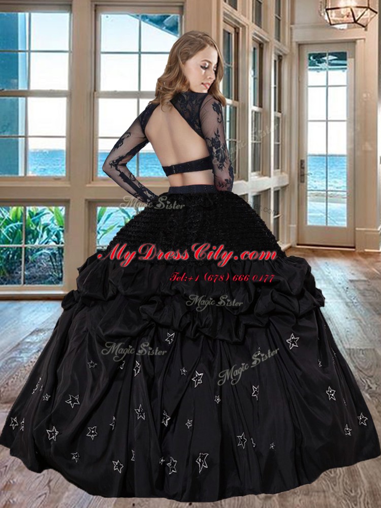 Black Two Pieces Scoop Long Sleeves Taffeta Floor Length Backless Embroidery Sweet 16 Dresses