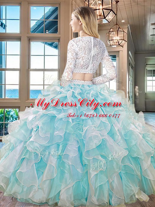 Superior Scoop Aqua Blue Zipper Sweet 16 Quinceanera Dress Beading and Lace and Ruffles Long Sleeves Floor Length