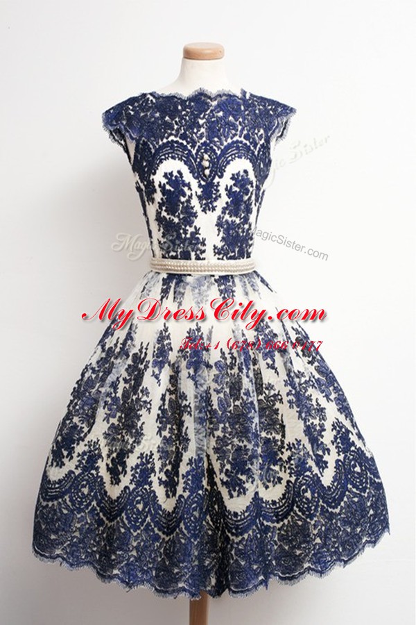 Stunning Scalloped Cap Sleeves Prom Dress Knee Length Appliques Navy Blue Tulle