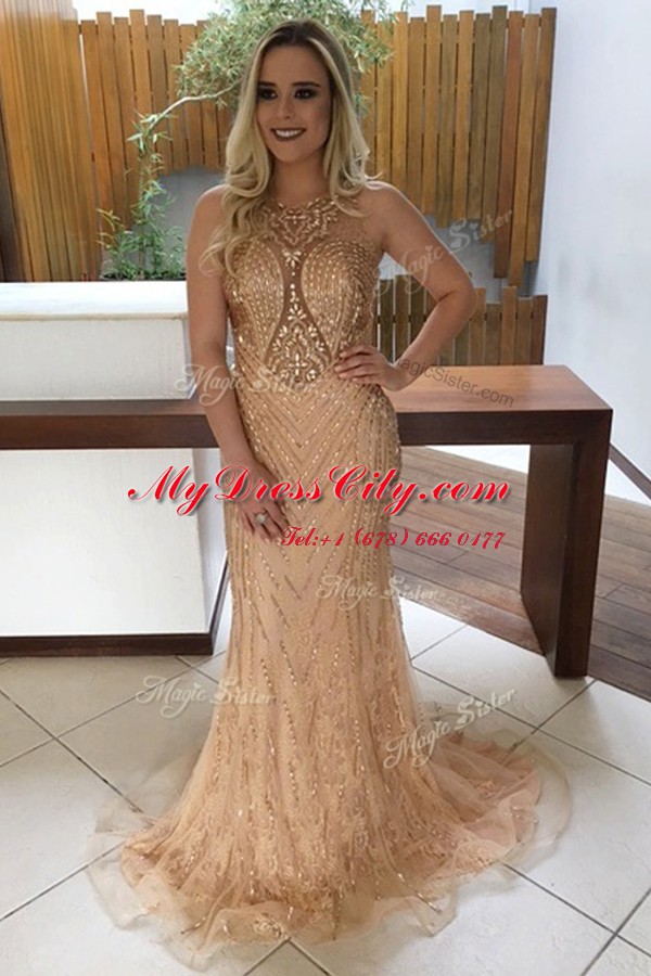 Mermaid Scoop Sleeveless Sweep Train Backless Prom Dress Champagne Lace