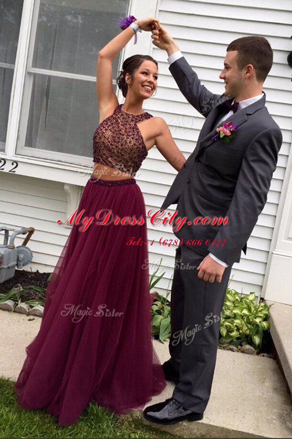 Exceptional Halter Top Burgundy Backless Prom Dress Beading Sleeveless With Train Sweep Train