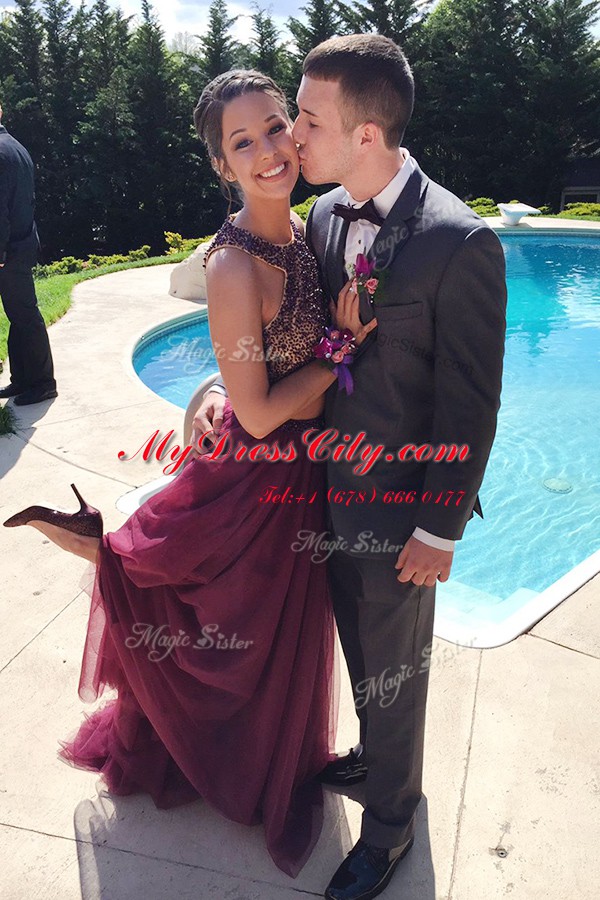 Exceptional Halter Top Burgundy Backless Prom Dress Beading Sleeveless With Train Sweep Train