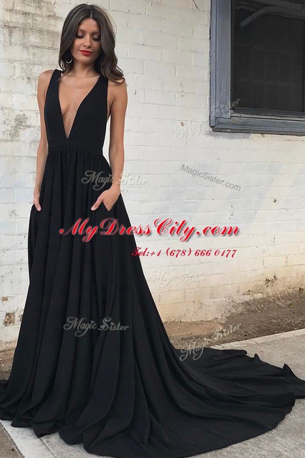 V-neck Sleeveless Dress for Prom With Train Court Train Ruching Black Chiffon