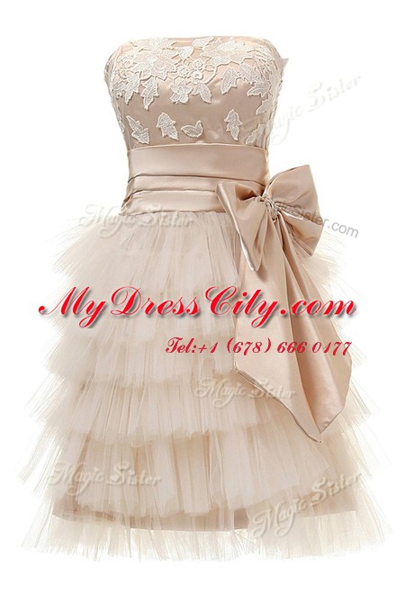 Knee Length Champagne Prom Dresses Satin and Tulle Sleeveless Appliques