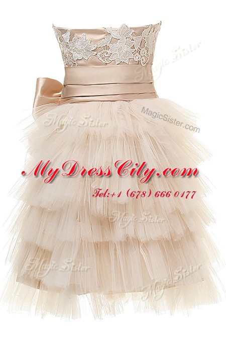 Knee Length Champagne Prom Dresses Satin and Tulle Sleeveless Appliques