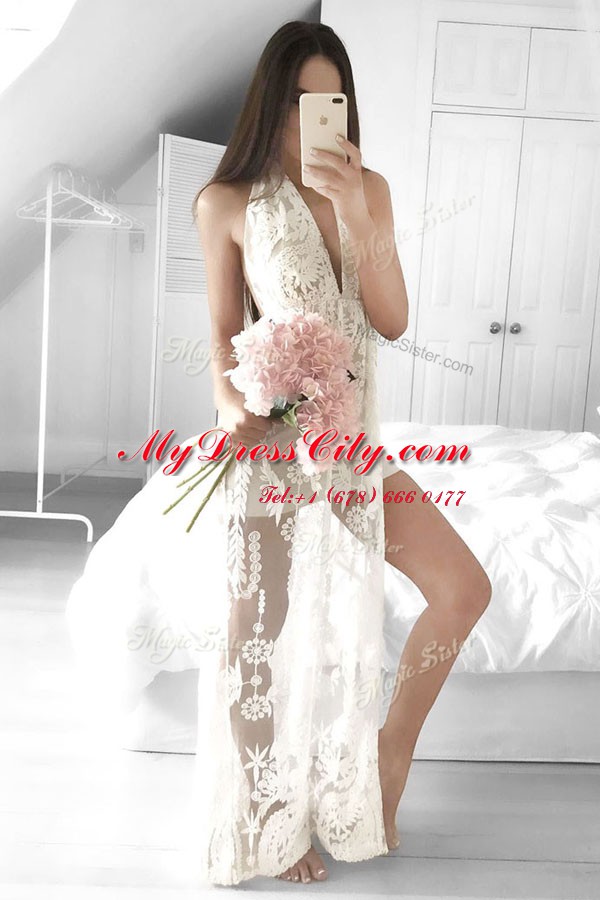 On Sale White Tulle Zipper Prom Dress Sleeveless Floor Length Lace