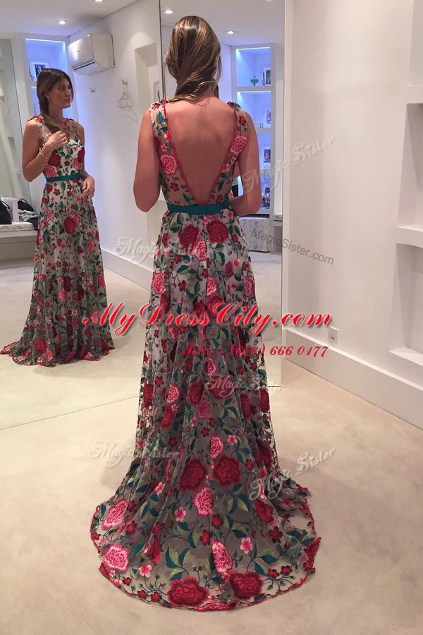 Multi-color A-line Scoop Sleeveless Lace With Train Sweep Train Backless Lace and Pattern Dress for Prom