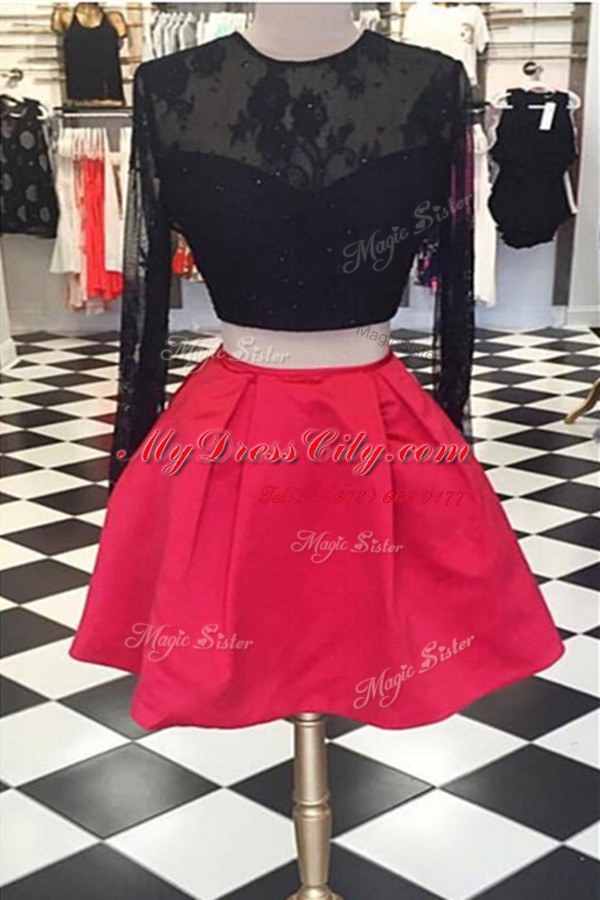 Scoop Red And Black A-line Lace Homecoming Dress Zipper Satin and Lace Long Sleeves Knee Length