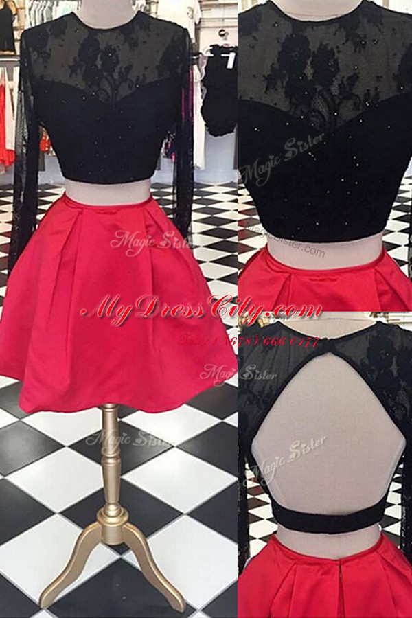 Scoop Red And Black A-line Lace Homecoming Dress Zipper Satin and Lace Long Sleeves Knee Length