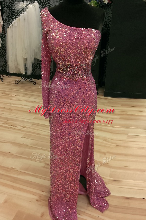 Mermaid Sequins Lilac Evening Party Dresses One Shoulder Long Sleeves Sweep Train Backless