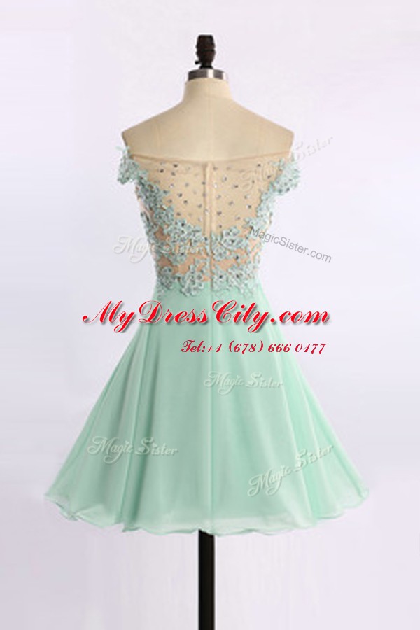 Off the Shoulder Cap Sleeves Mini Length Beading and Appliques Zipper Prom Dress with Apple Green