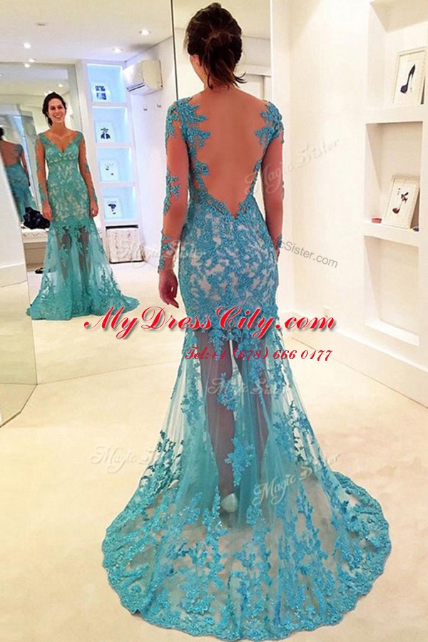 Sweet Mermaid Blue Long Sleeves Lace Brush Train Backless Prom Dresses for Prom