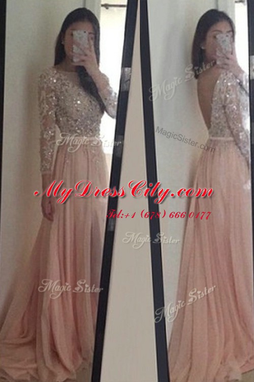 Luxurious Scoop With Train Backless Peach for Prom and Party with Beading and Ruching Brush Train