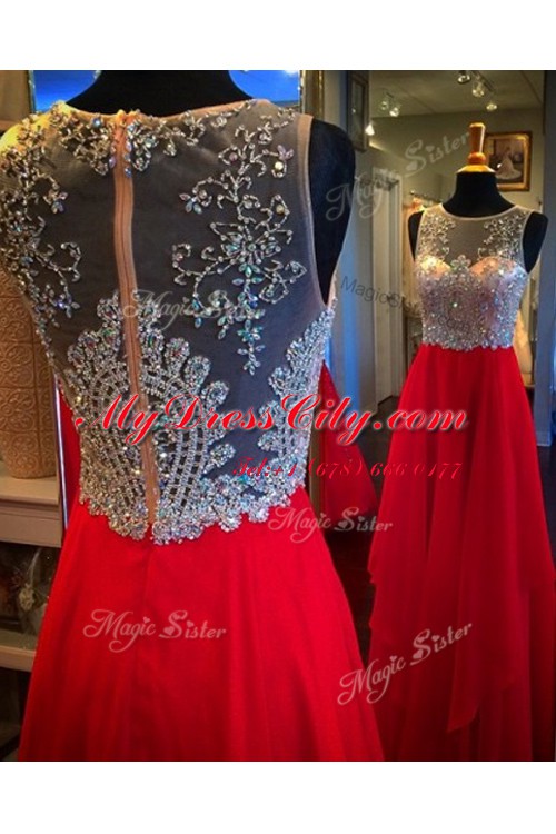 Fabulous Red Chiffon Zipper Scoop Sleeveless Floor Length Prom Dress Beading